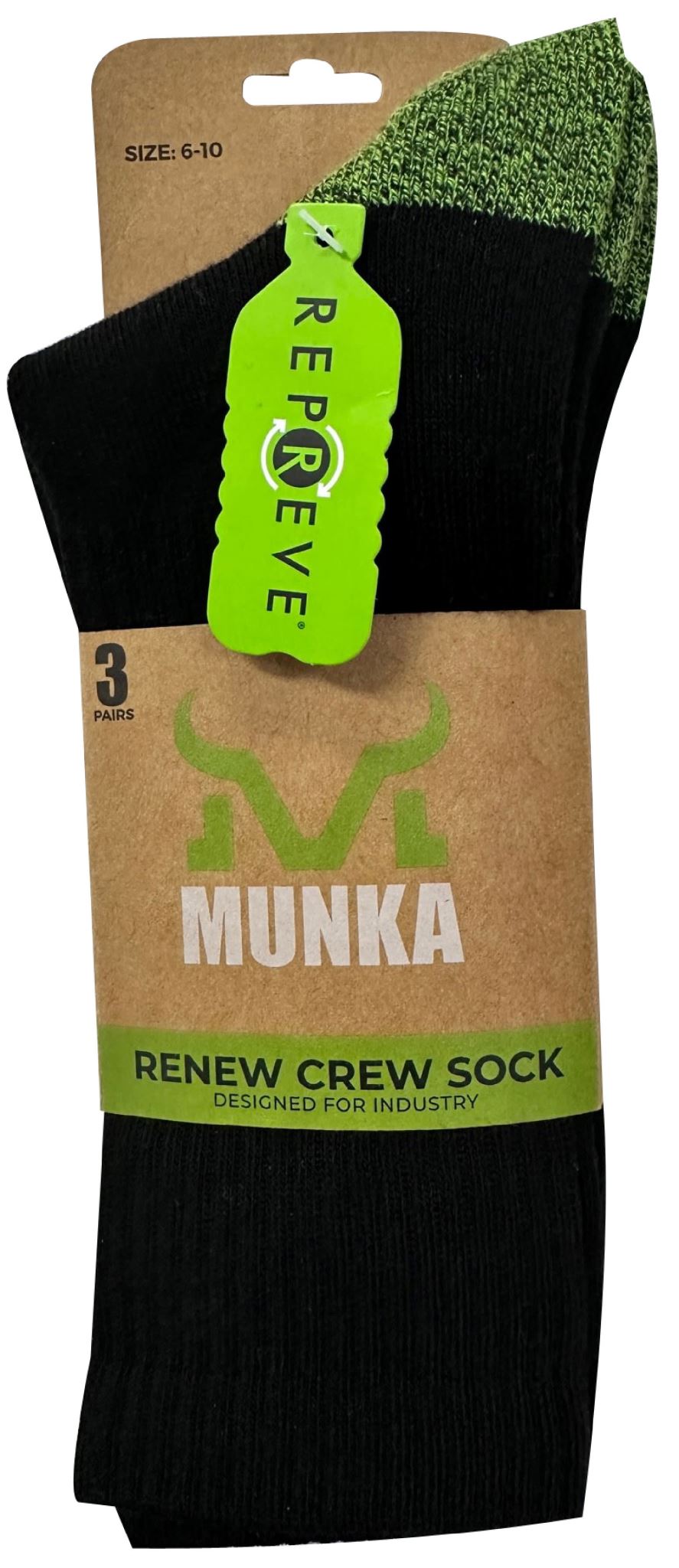 Munka Renew Socks - Black 3 (Pack) - Black (Size: 6-1)