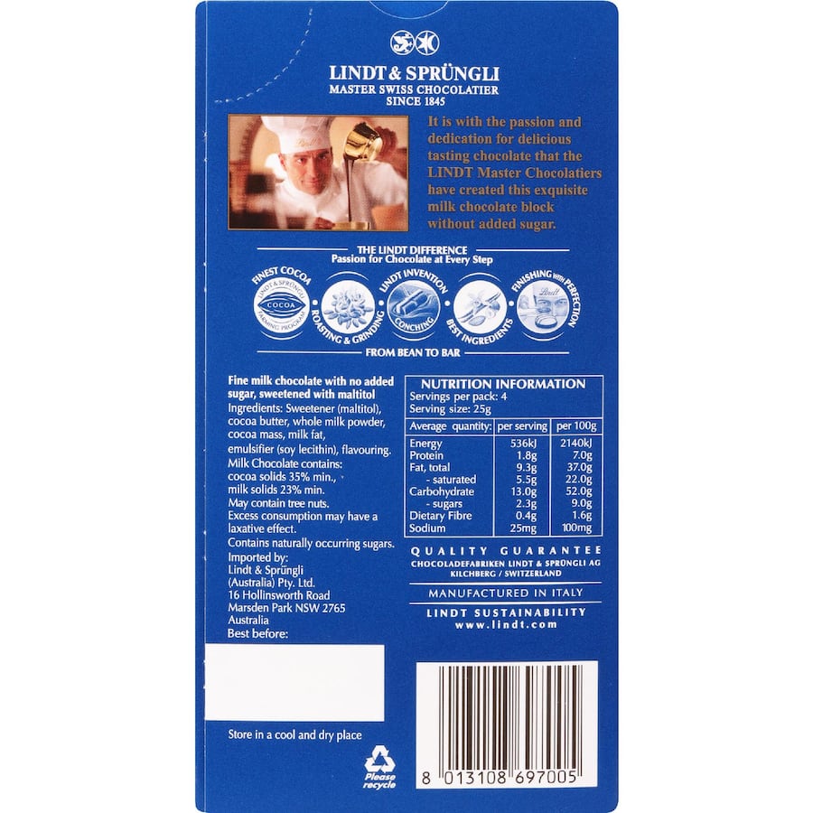 Lindt Chocolate Milk No Sugar Block 100g