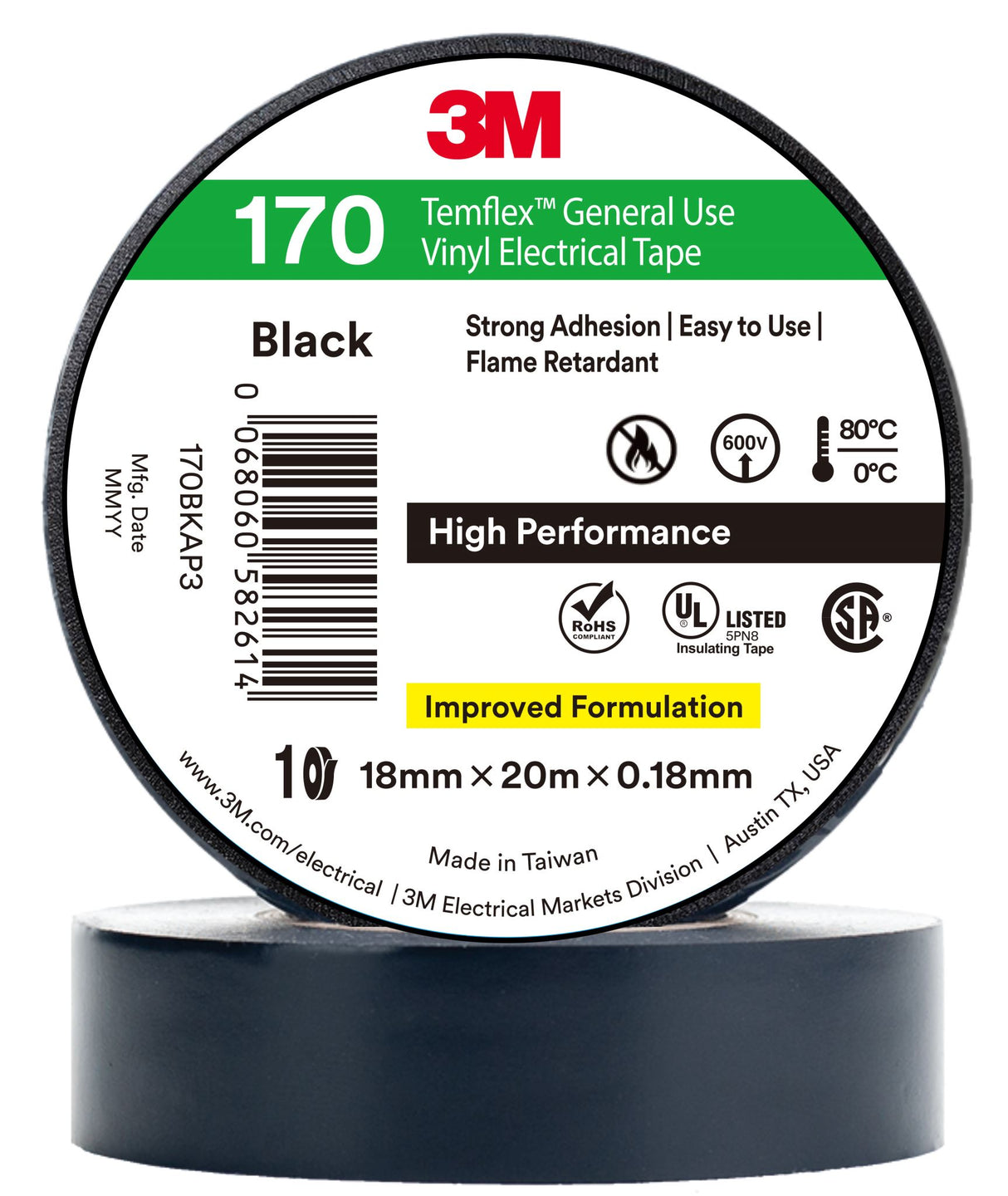 3M Temflex Vinyl Electrical Tape 170 Black 18mm x 20m