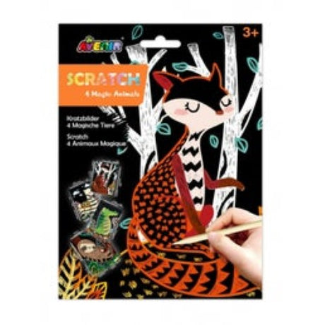 Scratch art kit featuring 4 vibrant animal designs for creative play and fine motor skill development for kids aged 3 and up.