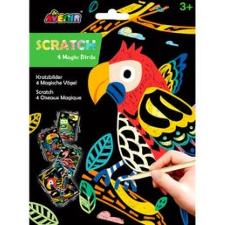 Avenir Scratch Magic Birds art kit for kids, featuring 4 scratch sheets and a stick to reveal colorful bird designs.