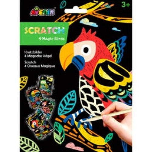 Avenir Scratch Magic Birds art kit for kids, featuring 4 scratch sheets and a stick to reveal colorful bird designs.