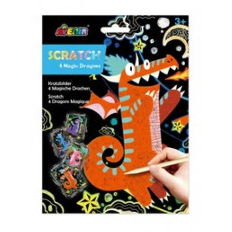 Avenir Scratch Magic Dragons set with 4 scratch sheets and stick for colorful, creative dragon-themed art for kids 3+.