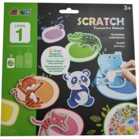 Scratch art kit for kids featuring bright colors, a scratch pen, and fun animal designs for creativity and learning.