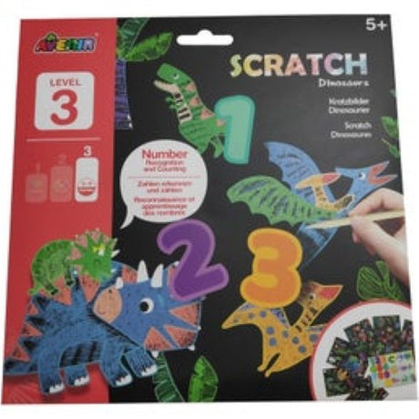 Scratch art kit featuring vibrant dinosaur illustrations, promoting creativity and number recognition for kids age 3 and up.