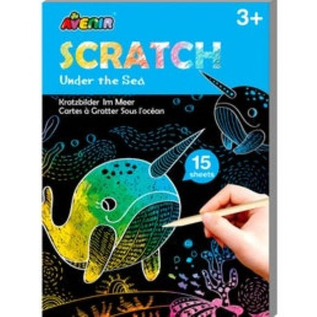 Scratch art set featuring 15 underwater designs for kids, promoting creativity and fine motor skills.