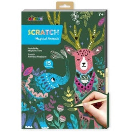 Avenir Scratch Magical Animals book featuring 13 illustrated scratch cards and 2 rainbow cards for creative art fun.
