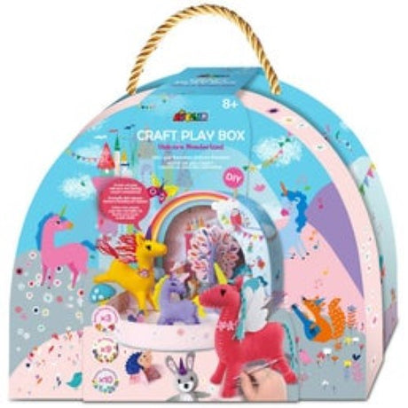 Avenir Craft Play Box Unicorn Wonderland with colorful backdrop, fabric materials, and components for creative unicorn-themed crafts.
