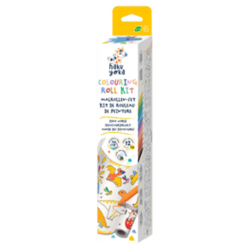 Haku Yoka Dino World Coloring Roll Kit features 3m of dinosaur illustrations and 12 vibrant crayons for creative fun.