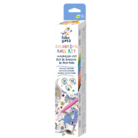 Haku Yoka Fantasy Unicorn Coloring Roll Kit with 3m of whimsical designs and 12 vibrant crayons for creative kids.