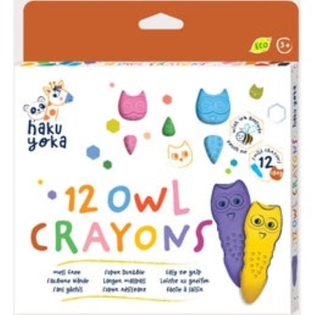 Vibrant 12-color owl-shaped crayons for kids, made with beeswax for safe, mess-free creative fun.