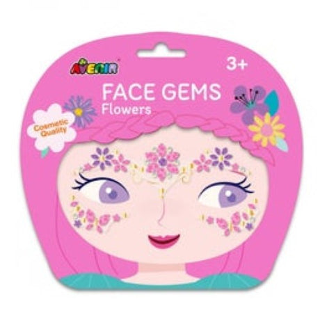 Vibrant Avenir Face Gems Flowers for kids, featuring hypoallergenic design, no glue, and dazzling floral patterns.