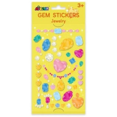 Colorful gem stickers for arts and crafts, perfect for kids 3+, adding sparkle to projects and easy to apply.