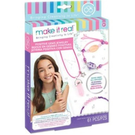 DIY jewelry kit for ages 8+, includes 50 beads, charms, and cords to create 3 bracelets and 1 necklace.