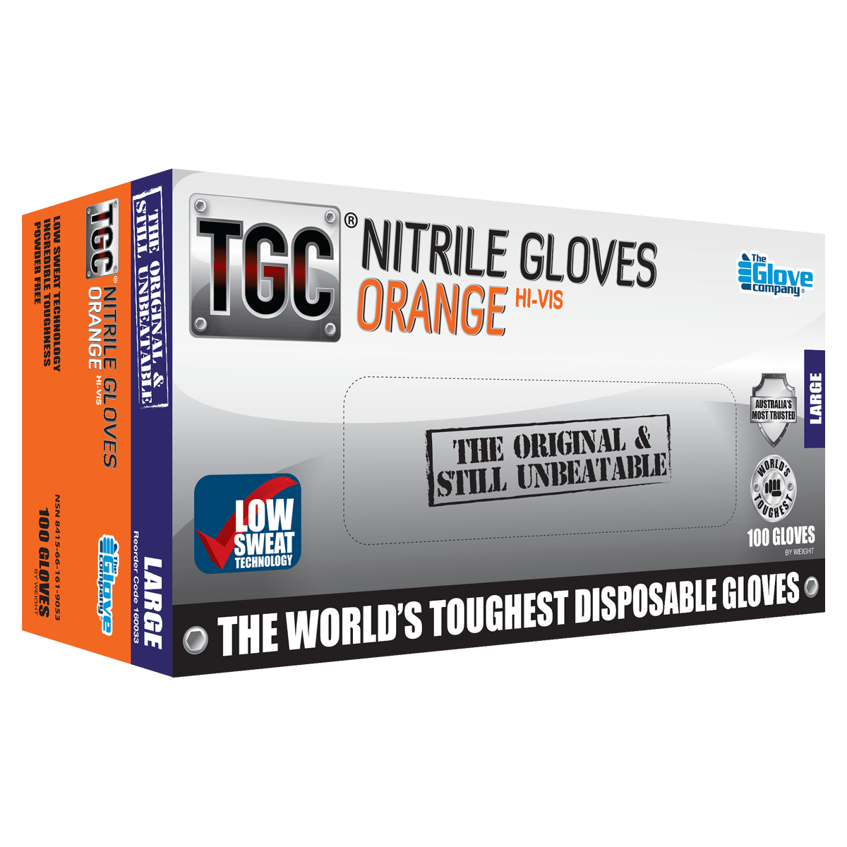 TGC Nitrile Gloves Powder Free Hi-Vis Orange Large Pack of 100