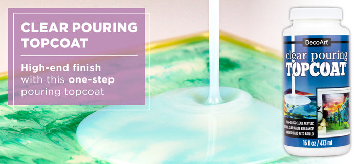 DECOART 8oz Clear Pouring Topcoat for a high-gloss, durable finish on various art surfaces.