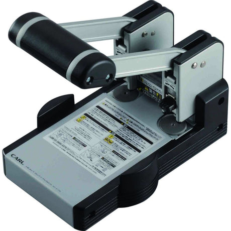 Carl Hd410n heavy-duty 2 hole punch, 100-sheet capacity, ergonomic handle, self-centering guide, and easy waste tray.