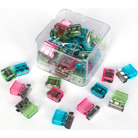 Assorted translucent paper clips by CARL, holding up to 30 sheets each for stylish document organization.