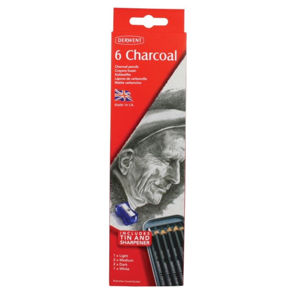 Derwent Charcoal Pencils Tin with 5 charcoal pencils, white pastel for highlights, and a sharpener for versatile drawing.