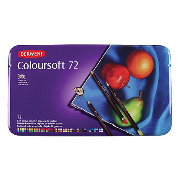 Derwent Coloursoft 72 Tin, featuring vibrant, soft pencils for easy blending and bold color application in art.