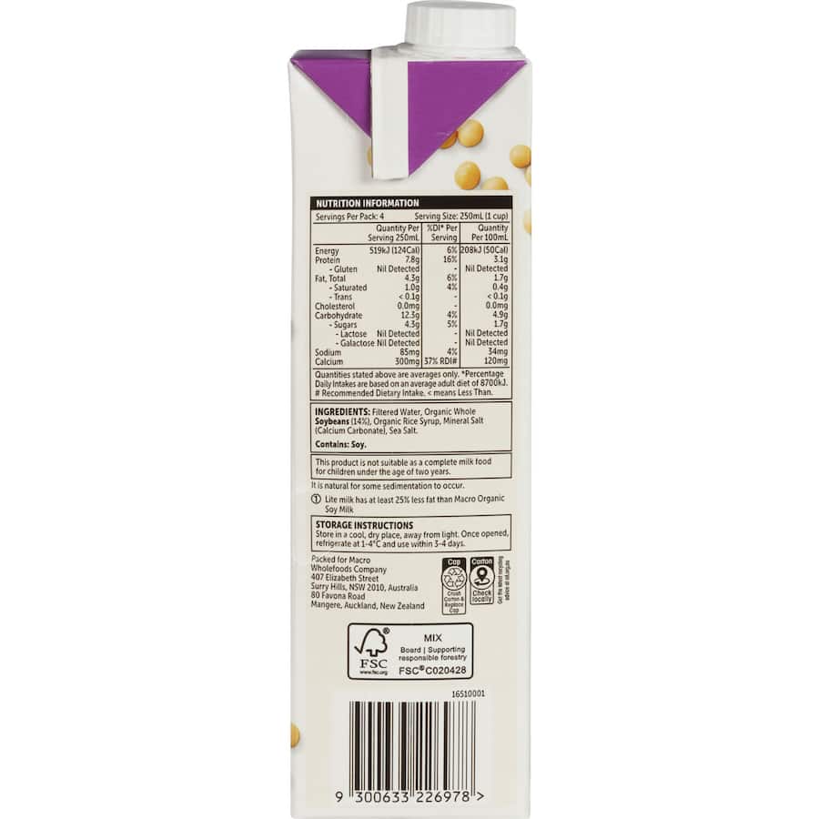 Macro Organic Soy Milk Light Carton 1L