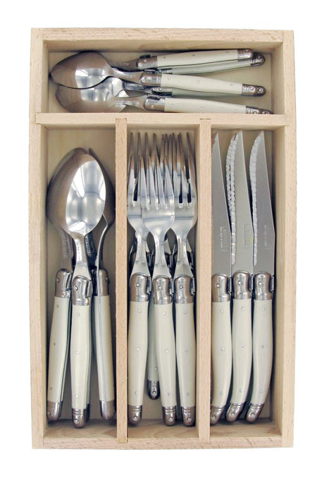 Elegant 24-piece white cutlery set with stainless steel blades and resin handles, featuring the Laguiole Bee emblem.