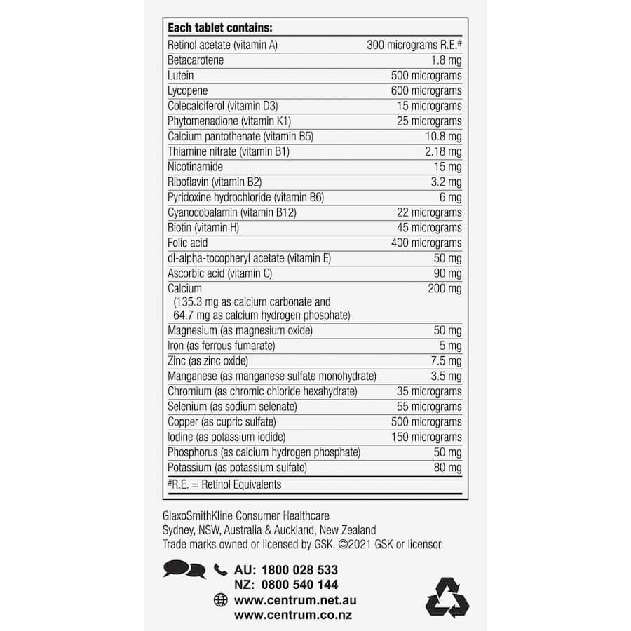 Centrum Advance Adults Daily Multivitamin Supplement Tablets 100pack