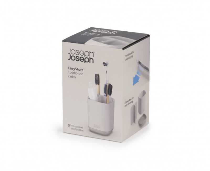 Joseph Joseph EasyStore Toothbrush Caddy in Ecru, featuring multiple sections for organized oral care storage and quick drying.