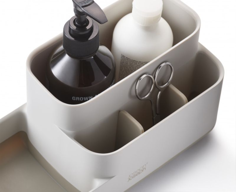 Joseph Joseph EasyStore Bathroom Caddy in ecru, featuring compartments for grooming essentials and a non-slip base for stability.