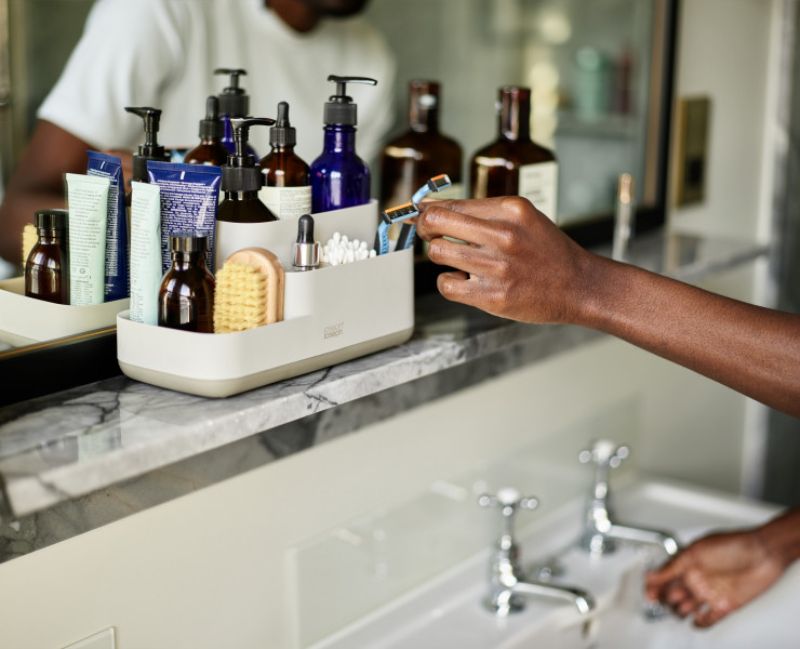 Joseph Joseph EasyStore Bathroom Caddy in Ecru, compact and stylish with various compartments for organizing grooming essentials.