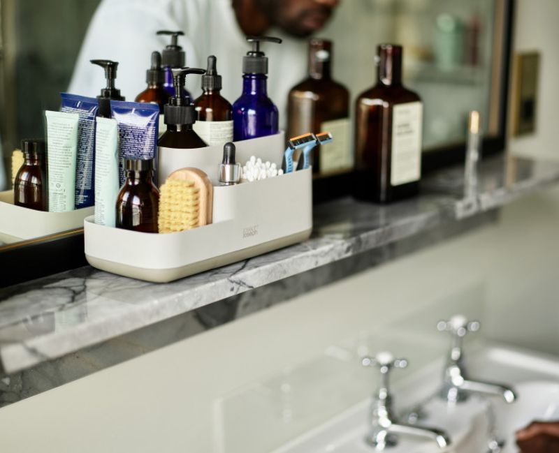 Joseph Joseph EasyStore Bathroom Caddy in Ecru, designed for organized grooming essentials with a non-slip base and elegant finish.