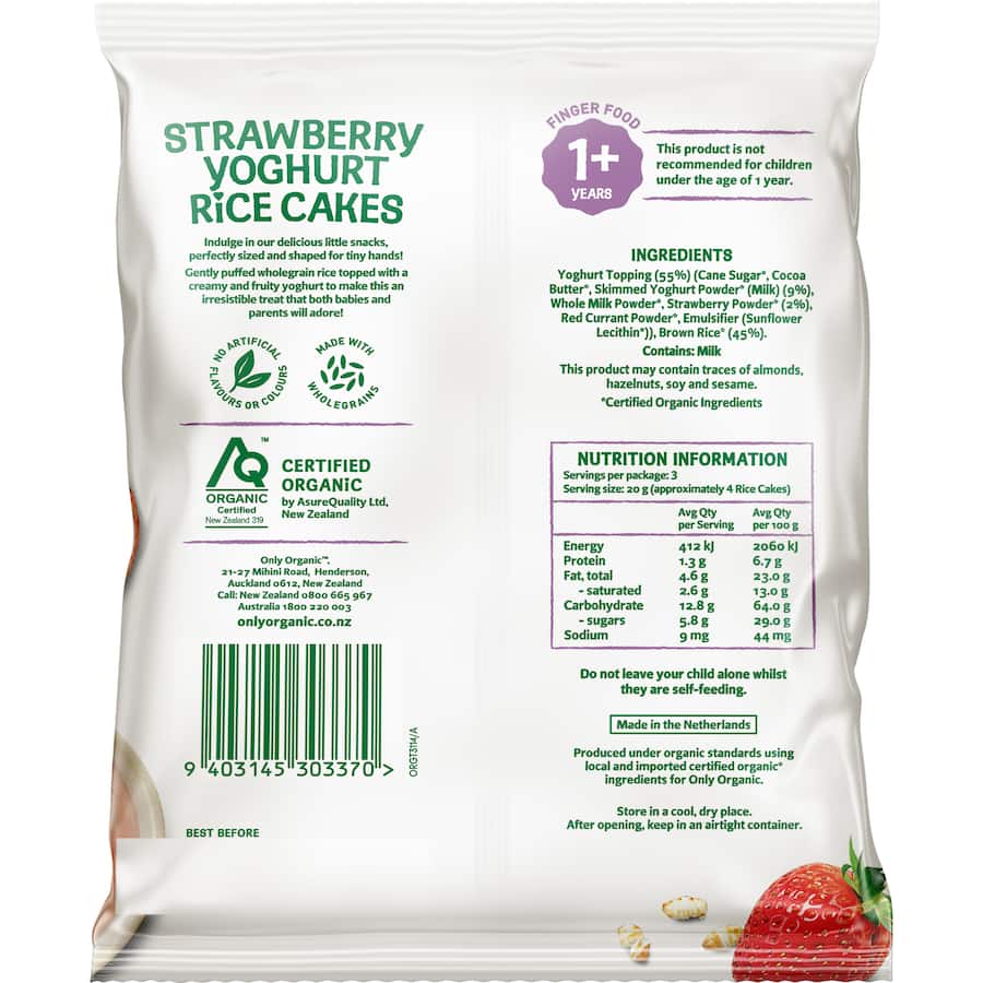Only Organic Stage 3 Toddler Snacks Strawberry Yoghurt Rice Cakes 60g