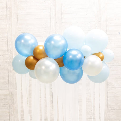 Botanical Celebration Blue Balloon Garland featuring white, dark blue, gold, and light blue balloons with streamers for elegant decor.