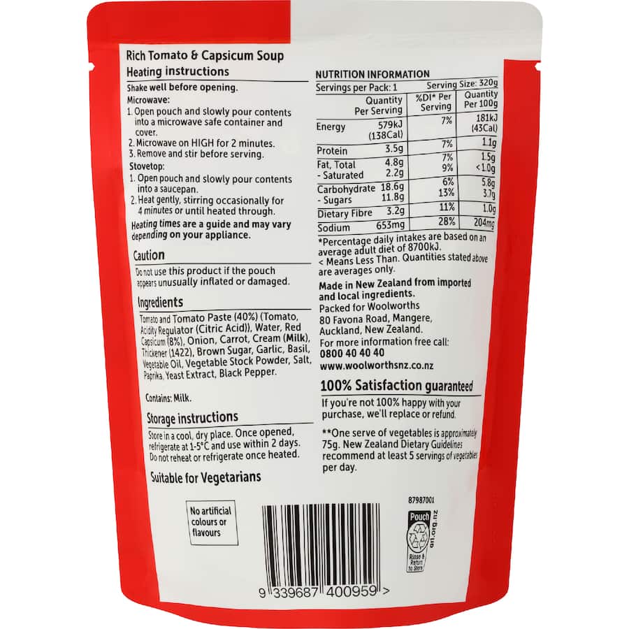 Woolworths Soup Tomato & Capsicum Pouch 320g