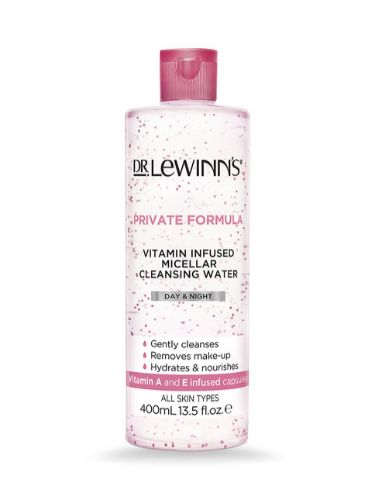 Dr. LeWinn's Vitamin Infused Micellar Water, 400ml, gently removes makeup while hydrating skin with Vitamin A and E capsules.