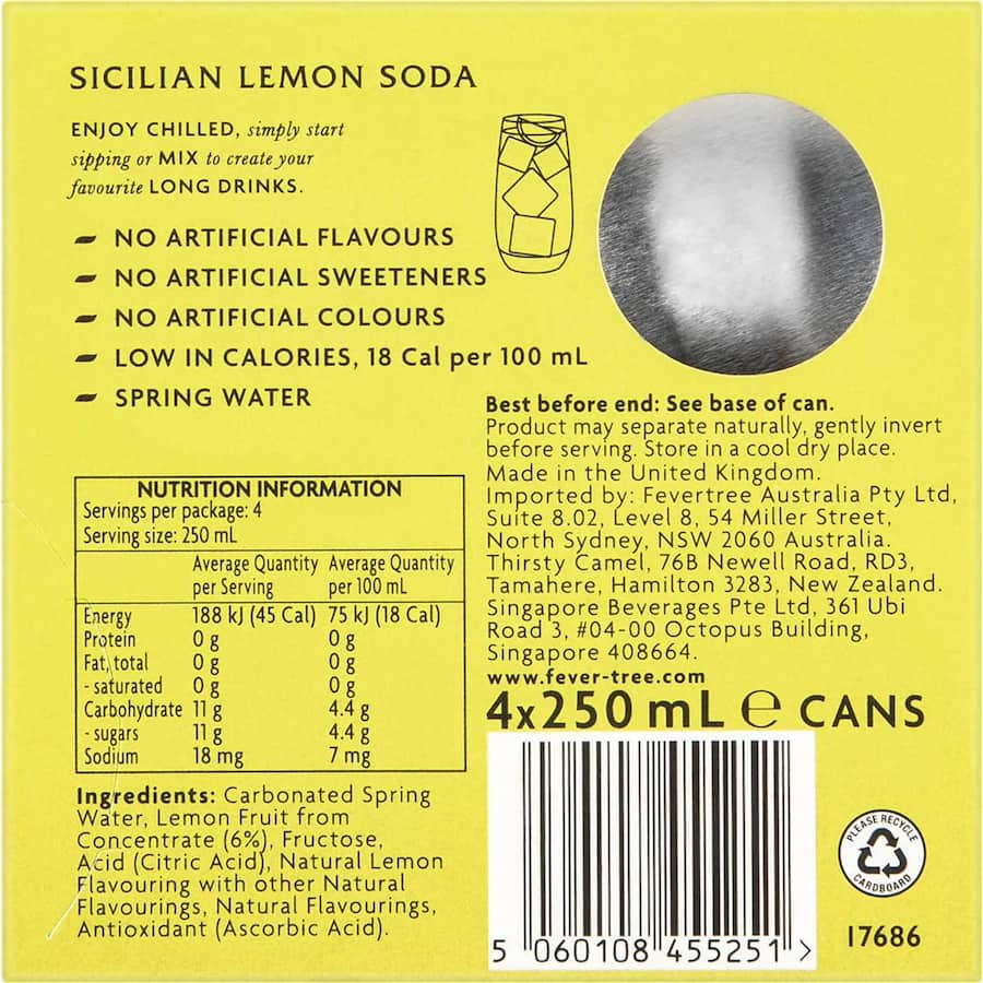 Fever Tree Soda Sicilian Lemon 250ml cans 4pack