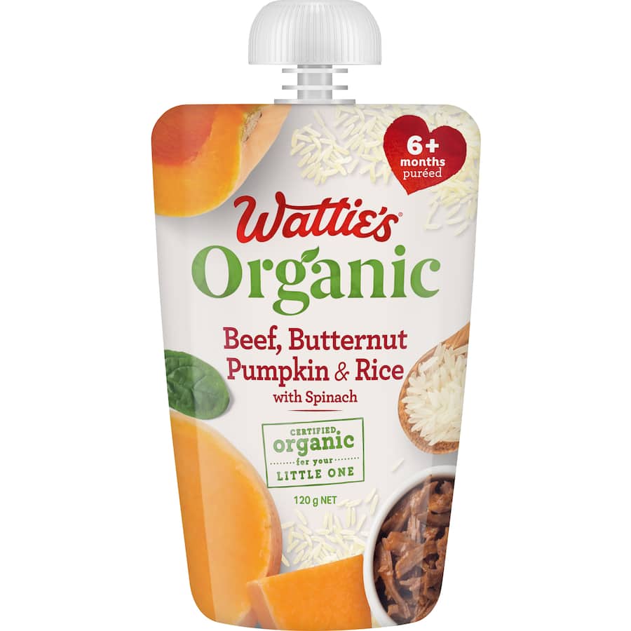 Wattie's Organic Baby Food 6+ Months Beef Pumpkin Rice Spinach Pouch 120g