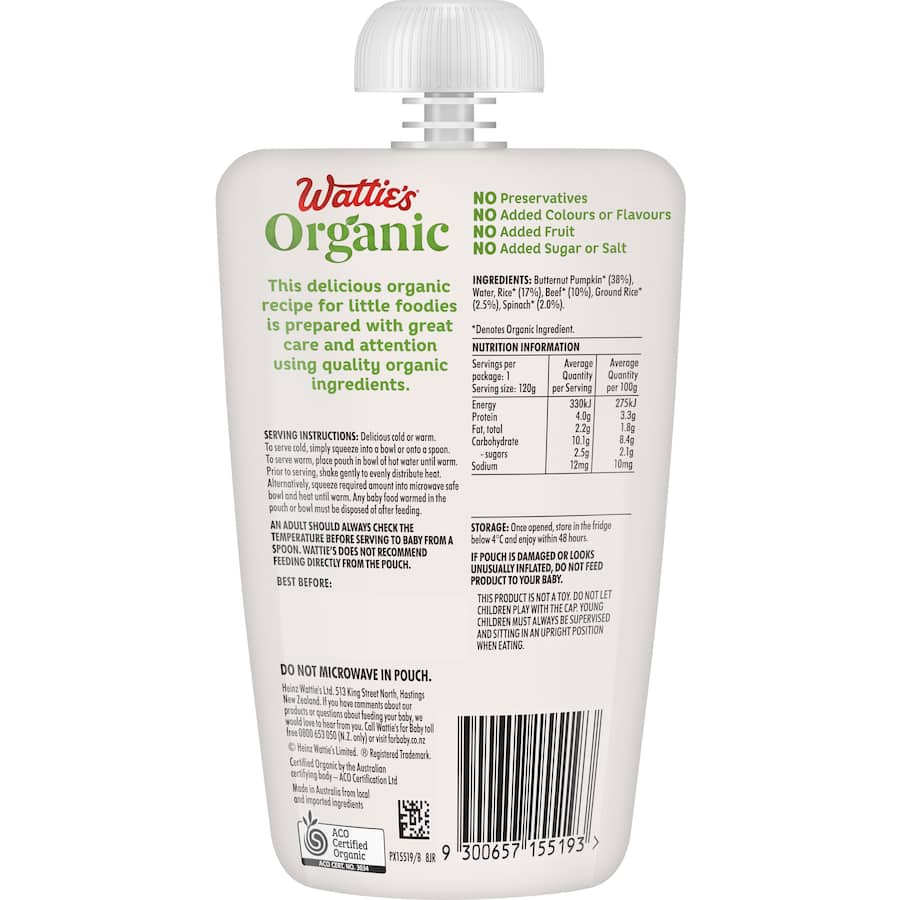 Wattie's Organic Baby Food 6+ Months Beef Pumpkin Rice Spinach Pouch 120g