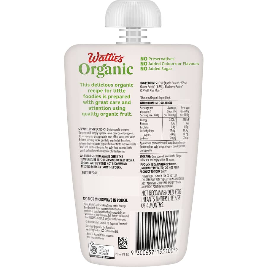 Wattie's Organic Baby Food 4-6+ Months Apple Medley Pouch 120g