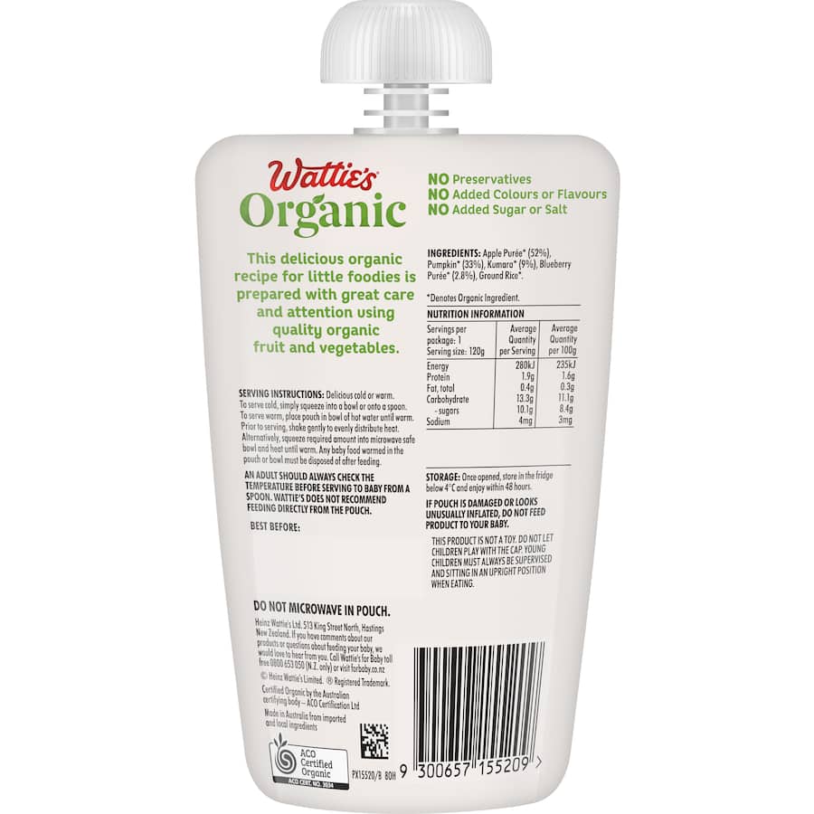 Wattie's Organic Baby Food 6+ Months Apple Pumpkin & Kumara 120g