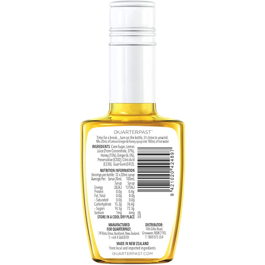 Quarterpast Fruit Syrup Lemon Ginger & Honey 250mL