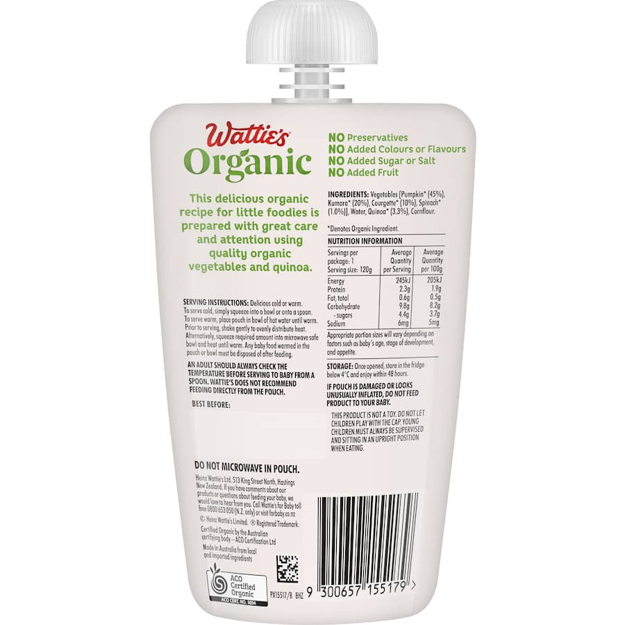 Wattie's Organic Baby Food 6+ Months Pumpkin Kumara & Courgette 120g