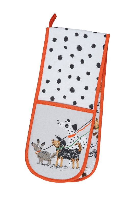Ulster Weavers Double Oven Glove featuring whimsical dog illustrations, crafted from recycled materials for eco-friendly kitchen use.