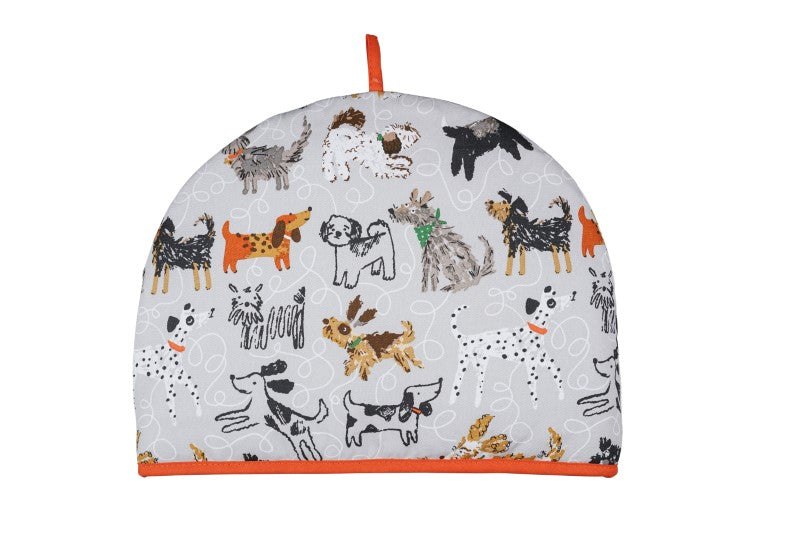 Cotton tea cosy featuring playful dog illustrations, made from recycled materials, perfect for dog lovers and tea enthusiasts.