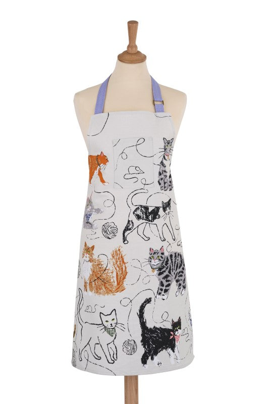 Ulster Weavers Feline Friends cotton apron featuring whimsical cat illustrations and playful mice, perfect for cat-loving chefs.
