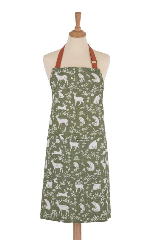 Cotton apron featuring playful woodland animals on sage green fabric, combining charm and eco-friendly materials.
