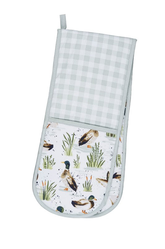 Double oven glove with hand-painted farm ducks on sage green, made from recycled materials, perfect for rustic kitchens.