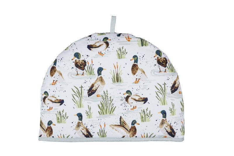 Charming Ulster Weavers Cotton Tea Cosy featuring hand-painted Farmhouse Ducks on a sage green background.