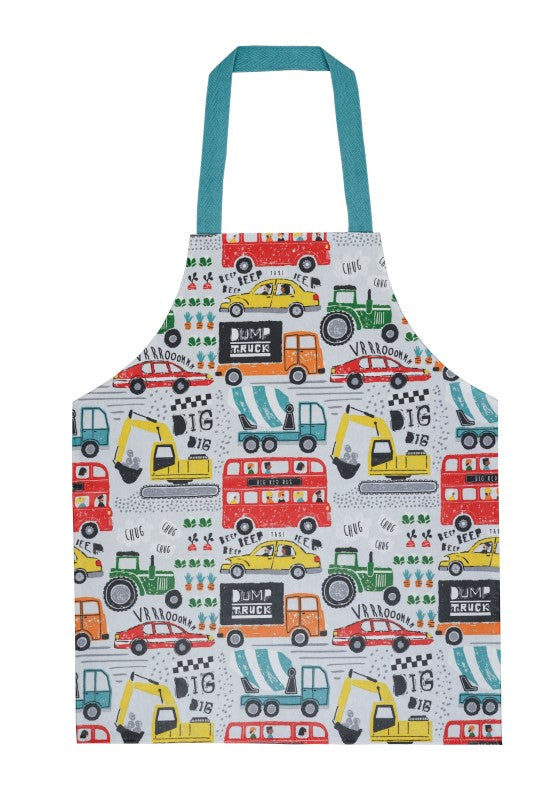 Colorful PVC child's apron featuring truck graphics and playful sounds, perfect for messy cooking and crafts.