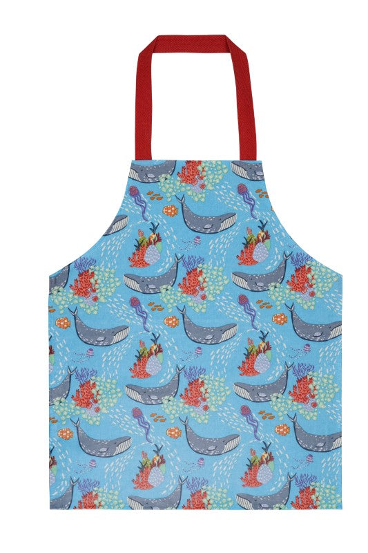 Colorful PVC child's apron featuring whales, fish, and jellyfish, perfect for creative activities and easy cleaning.